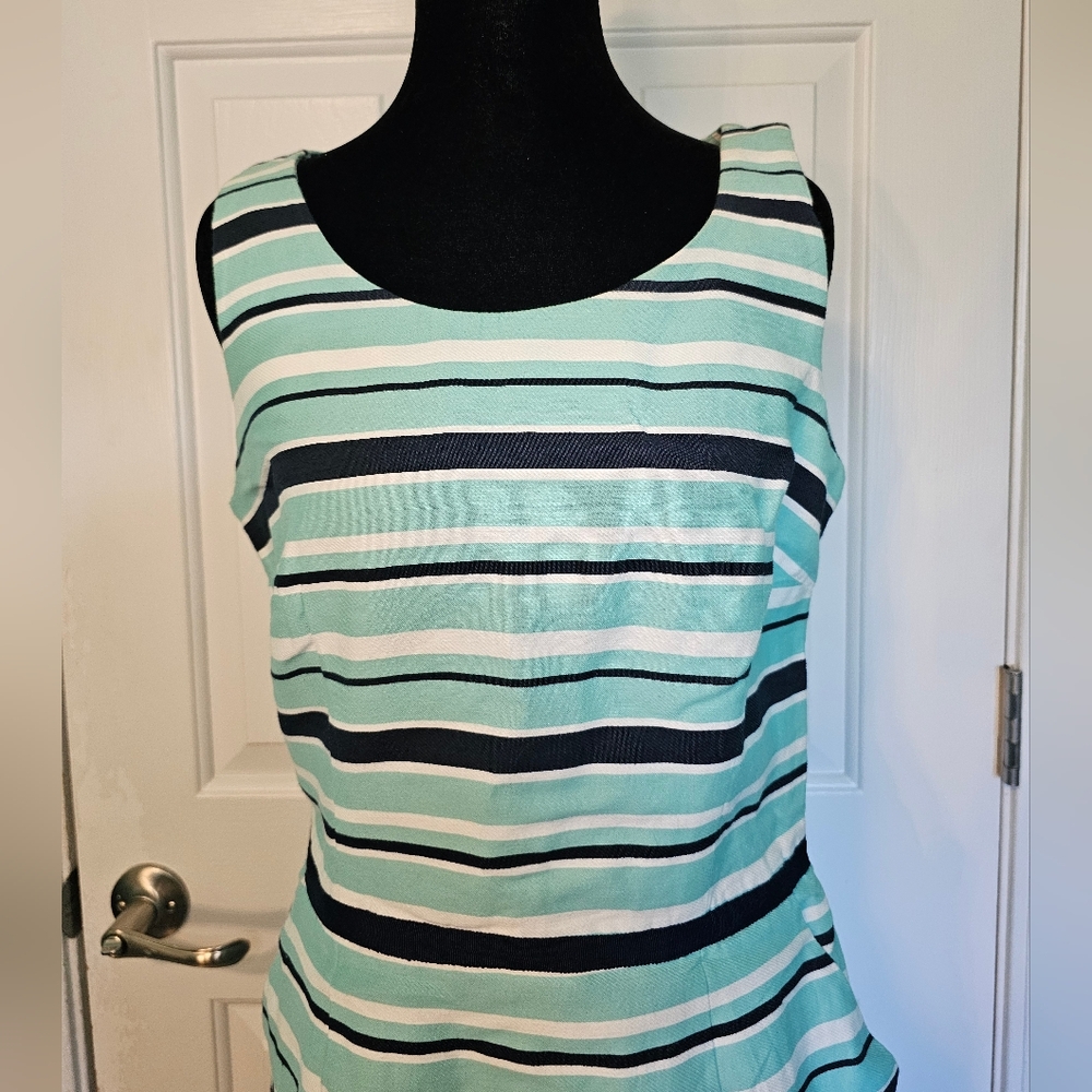 Tommy Hilfiger Turquoise and Navy Striped Sleeveless Midi Dress Women's Sz 6